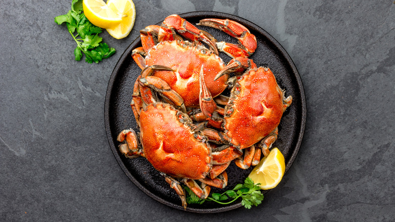 cooked whole crabs on a dark plate