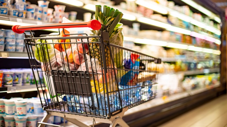 Grocery cart in a store's dairy aisle