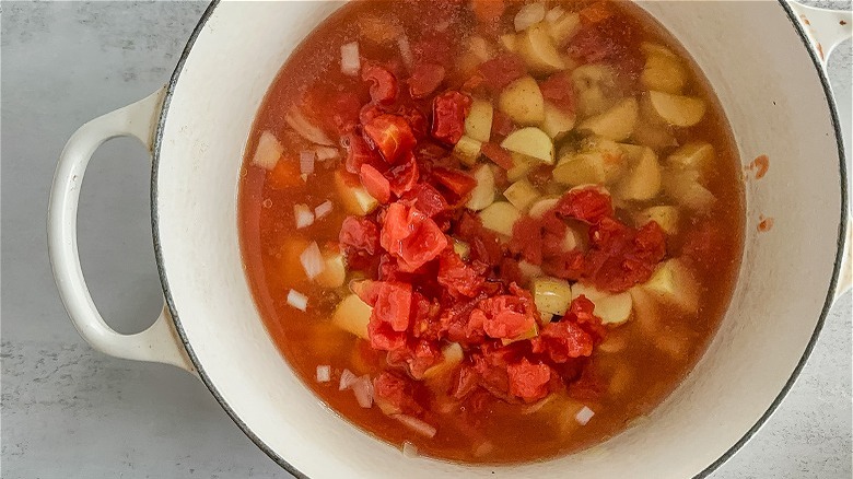 diced vegetables in broth