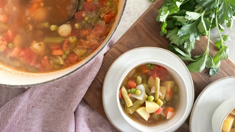 vegetable soup in serving dish