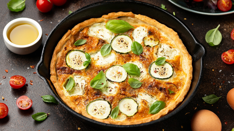 Quiche baked in a cast iron pan