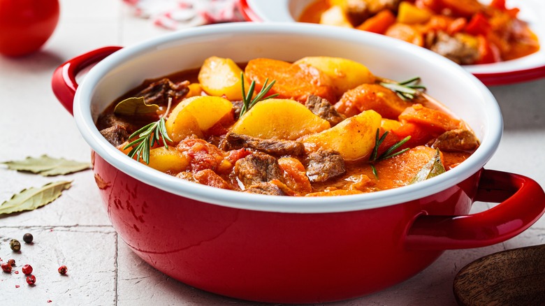 Beef bourguignon in red pot