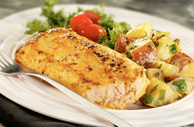 Applewood Smoked Salmon with Warm Potato-Apple Salad and Ale Dressing