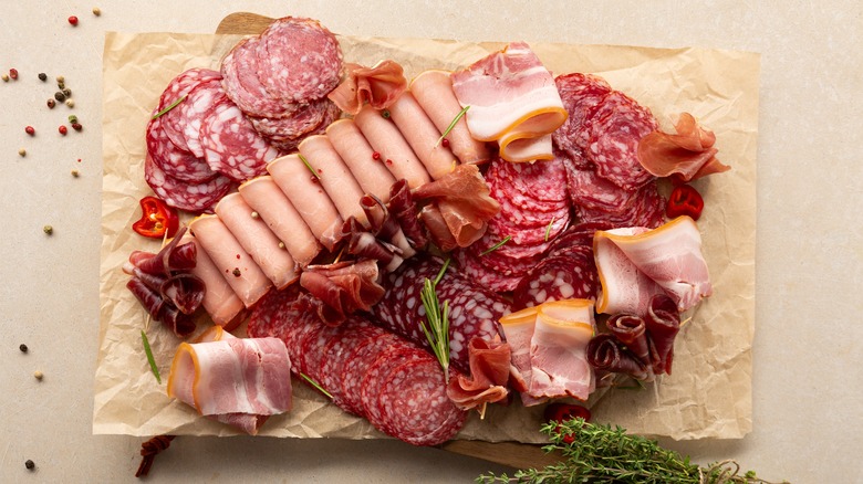 A selection of deli meats presented as charcuterie