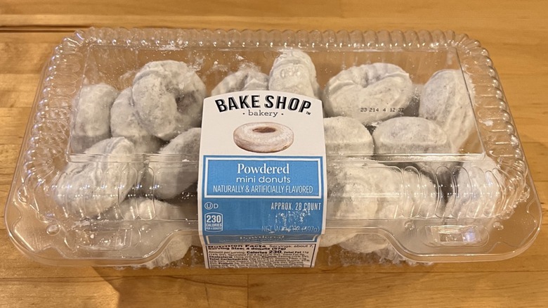 Box of Aldi Bake Shop powdered mini donuts