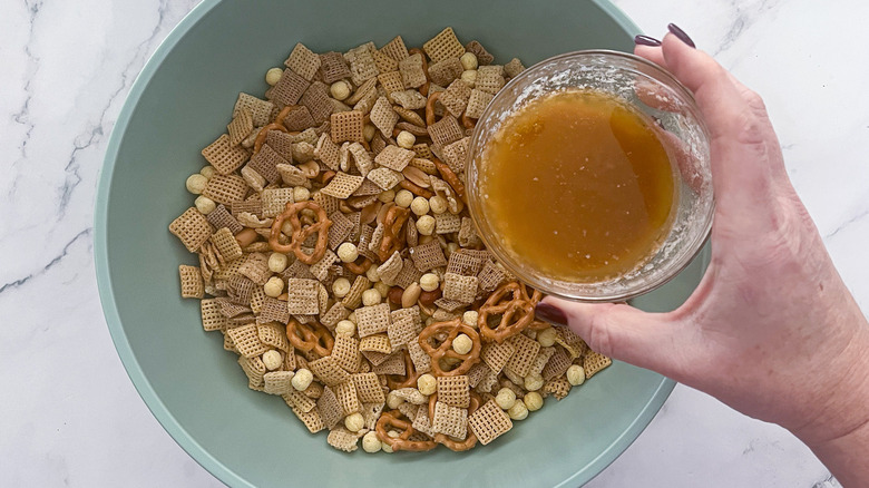 pouring liquid mixture into cereal