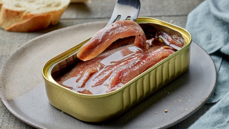 Tinned anchovies on plate