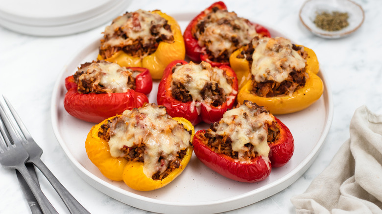 beef and cheddar stuffed peppers on plate 