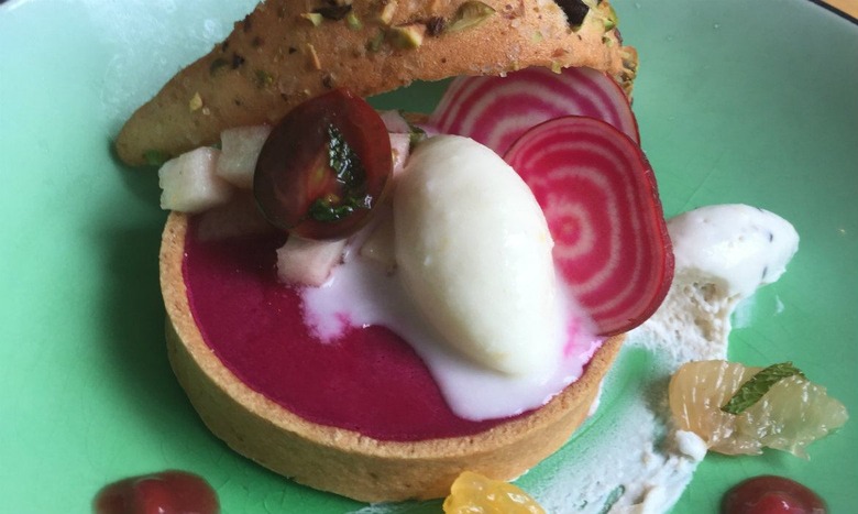 Beet Panna Cotta with Goat Cheese Frozen Yogurt and Tuile Batter