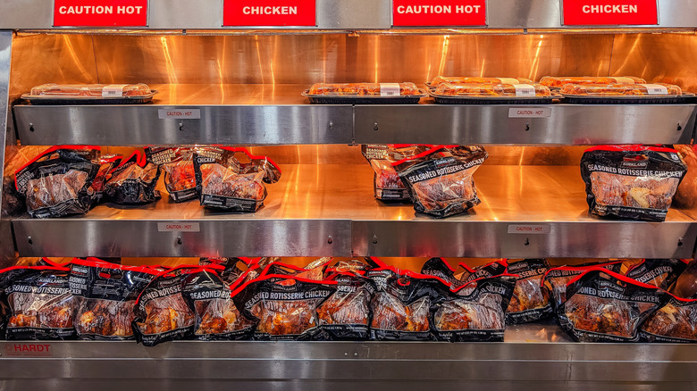 Bags of rotisserie chickens on display at Costco