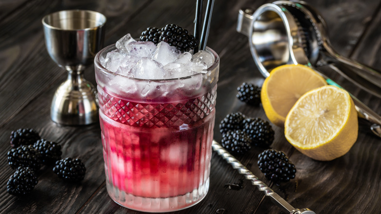 Reddish cocktail surrounded by bar tools and fruit