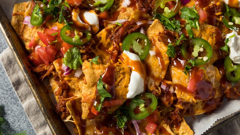 pan of loaded nachos