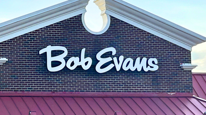 Close up image of the signage on the front of a Bob Evans chain
