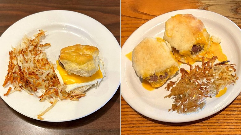 Side by side images of breakfast biscuit sandwiches by Bob Evans and Cracker Barrel