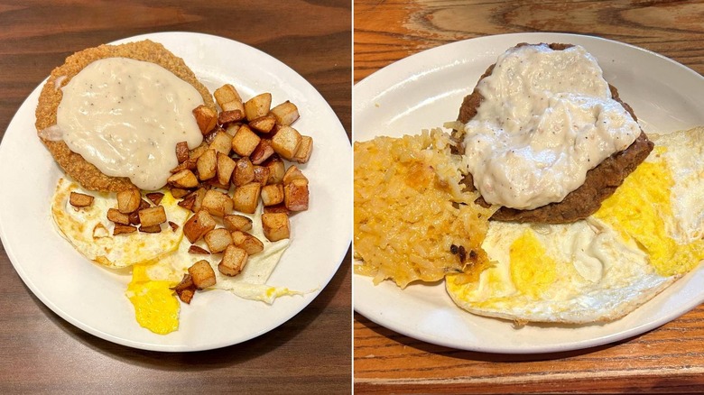 Side by side images of country fried steak breakfasts by Bob Evans and Cracker Barrel