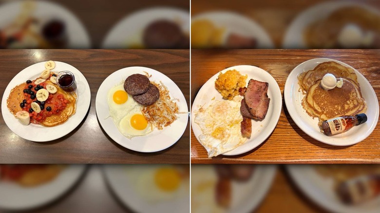 Side by side images of pancake breakfasts by Bob Evans and Cracker Barrel