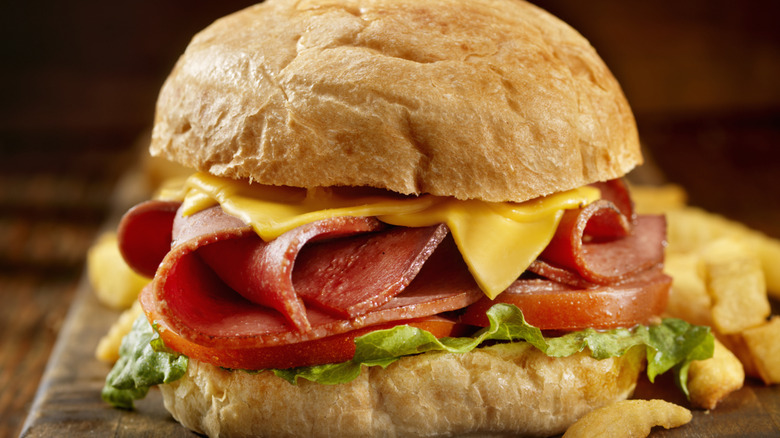 close-up shot of a fried bologna sandwich on a wood board with fries