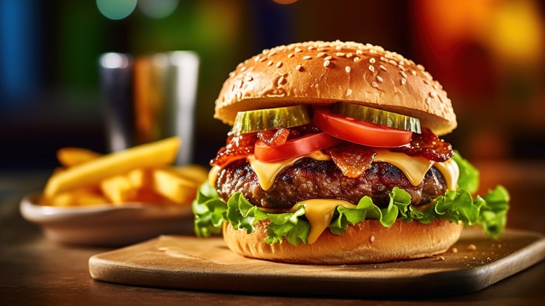 Burger and fries on plates