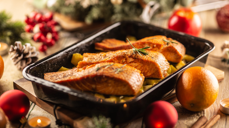 Salmon filets in a pan