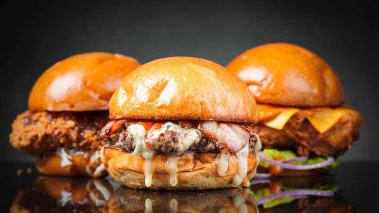 Three burgers with thick buns