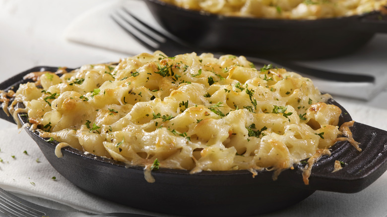 Macaroni and cheese in a cast iron ramekin