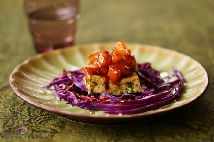 Sweet n Spicy Tofu and Pears on a Bed of Cabbage Salad