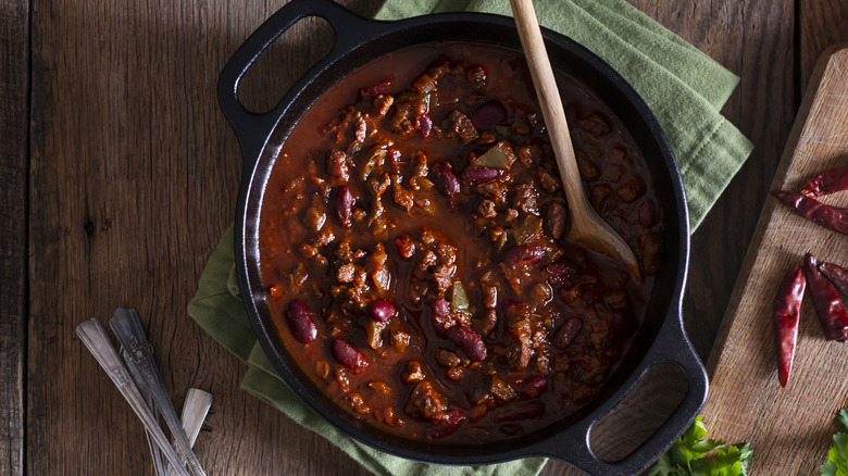 Pot of chili on table