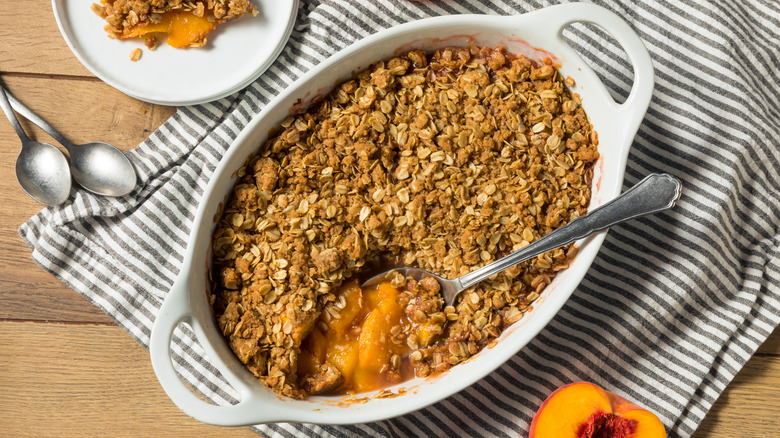 Peach crisp in baking dish