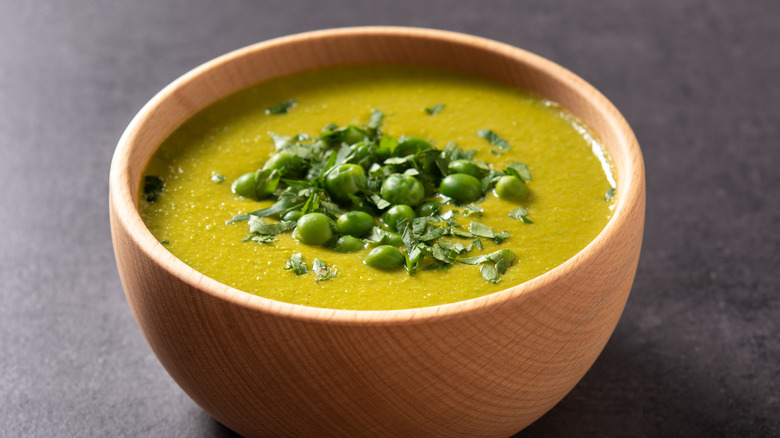pea soup topped with peas
