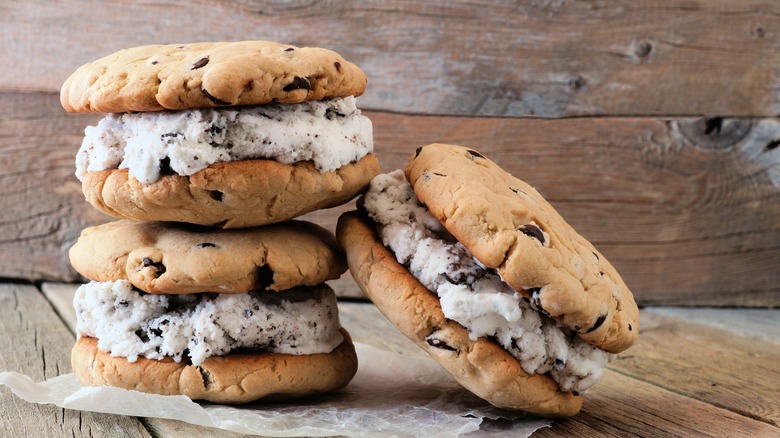 three ice cream cookie sandwiches