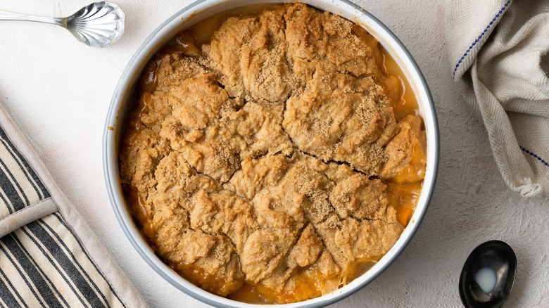 cardamom peach cobbler in dish 