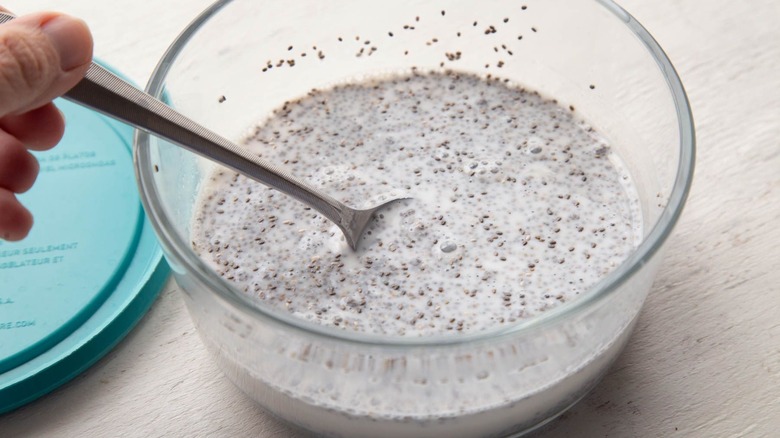 Chia pudding inside bowl with spoon