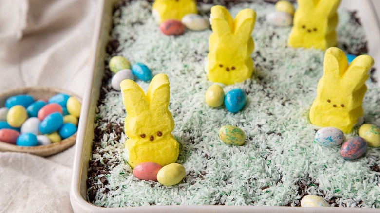 easter dirt cake with peeps bunnies and eggs on top
