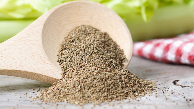 Celery seed spilling off spoon