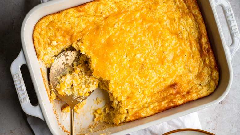 cheesy corn casserole in dish 