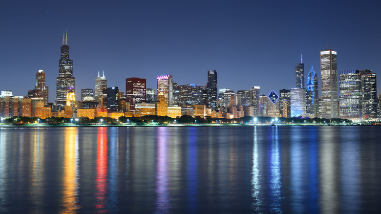 Chicago skyline and Lake Michigan at dusk