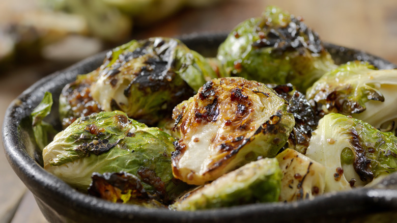 Chili crisp Brussels sprouts in bowl