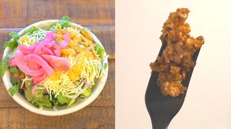 Mini bowl from Qdoba and Chipotle's Sofritas held on a fork