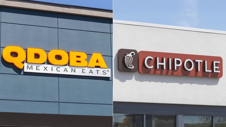 Qdoba and Chipotle storefront signs side-by-side.