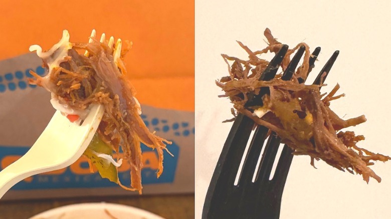 Barbacoa and Birria from Chipotle and Qdoba, held on forks