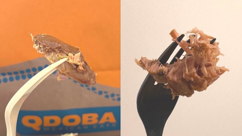 Pieces of pork from Chipotle and Qdoba, held on forks