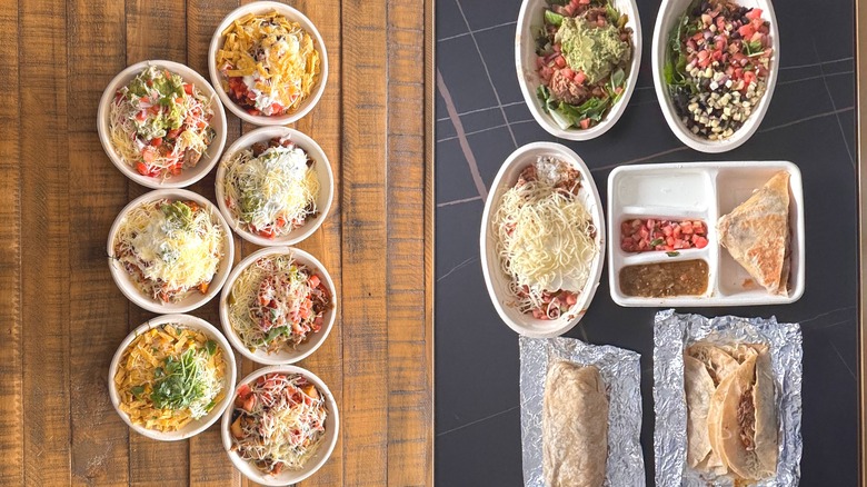 Various bowl and dishes from Chipotle & Qdoba