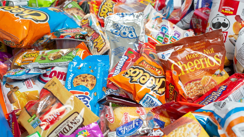 Pile of prepackaged snack foods