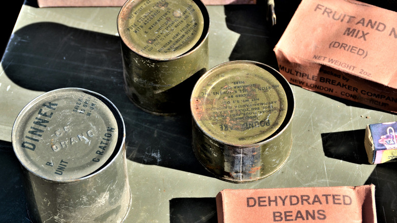 Overhead view of vintage military rations