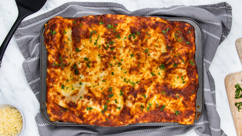 classic lasagna in dish 
