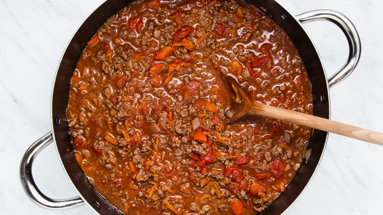 lasagna ragu in a pan 