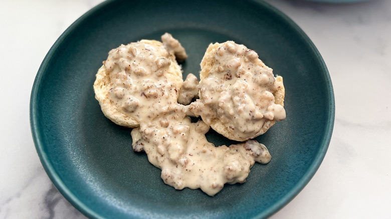 biscuits and gravy on plate