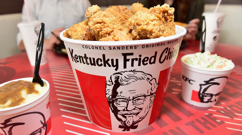 Bucket of KFC chicken with mashed potatoes and coleslaw