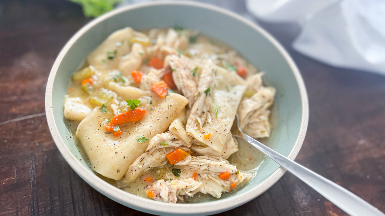 bowl of chicken and dumplings
