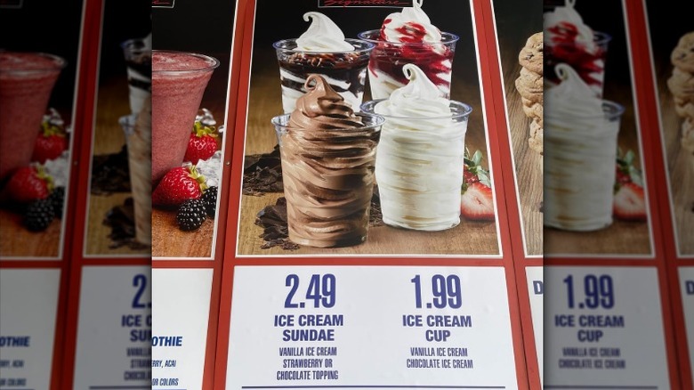A view of the Costco food court meu with ice cream cups displayed